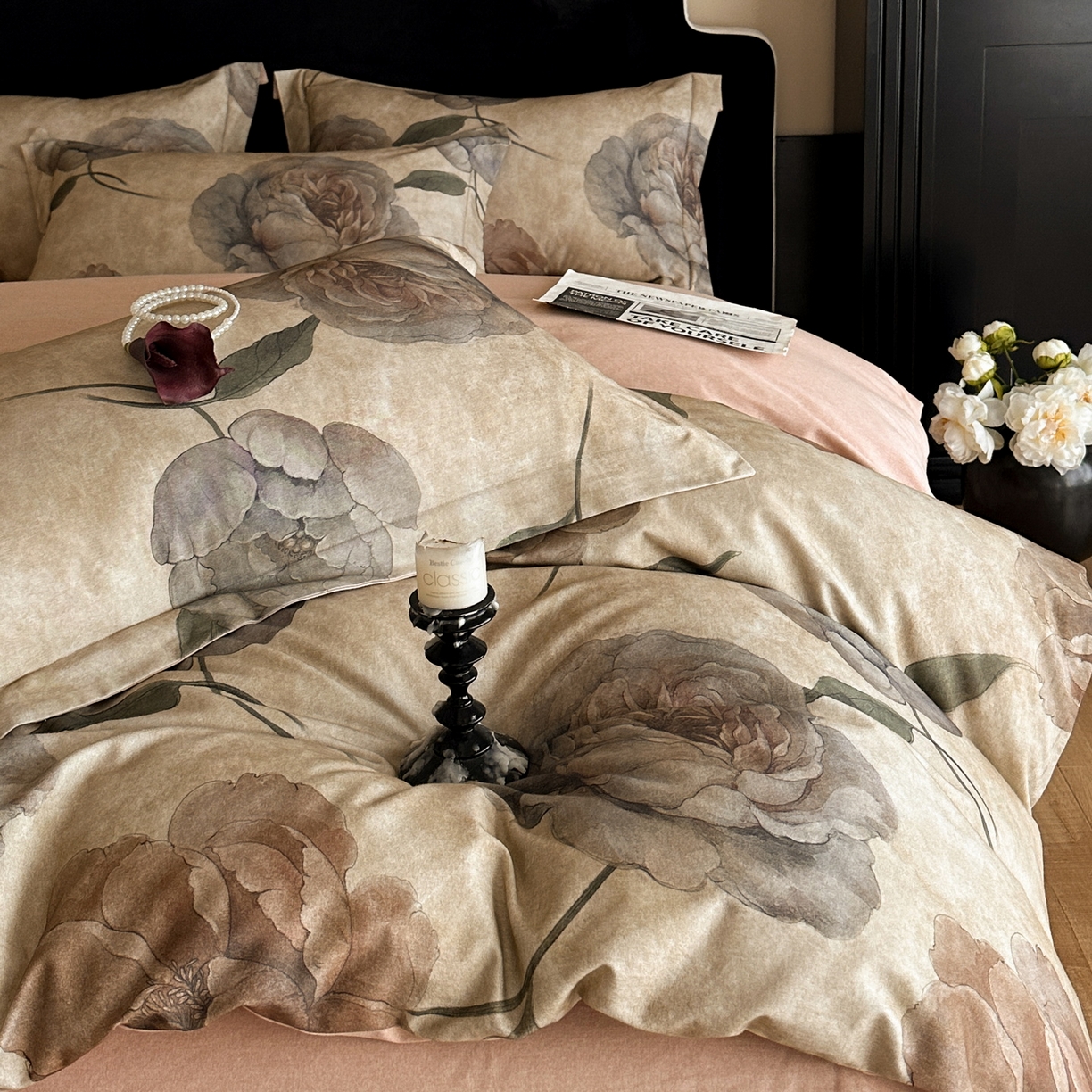 91家纺网 家纺一手货源 找家纺 羚羊语家纺 2025新款A类全棉生态磨毛100棉数码印花四件套活性磨毛轻奢美拉德系简约花卉床单床笠三件套 帛书影