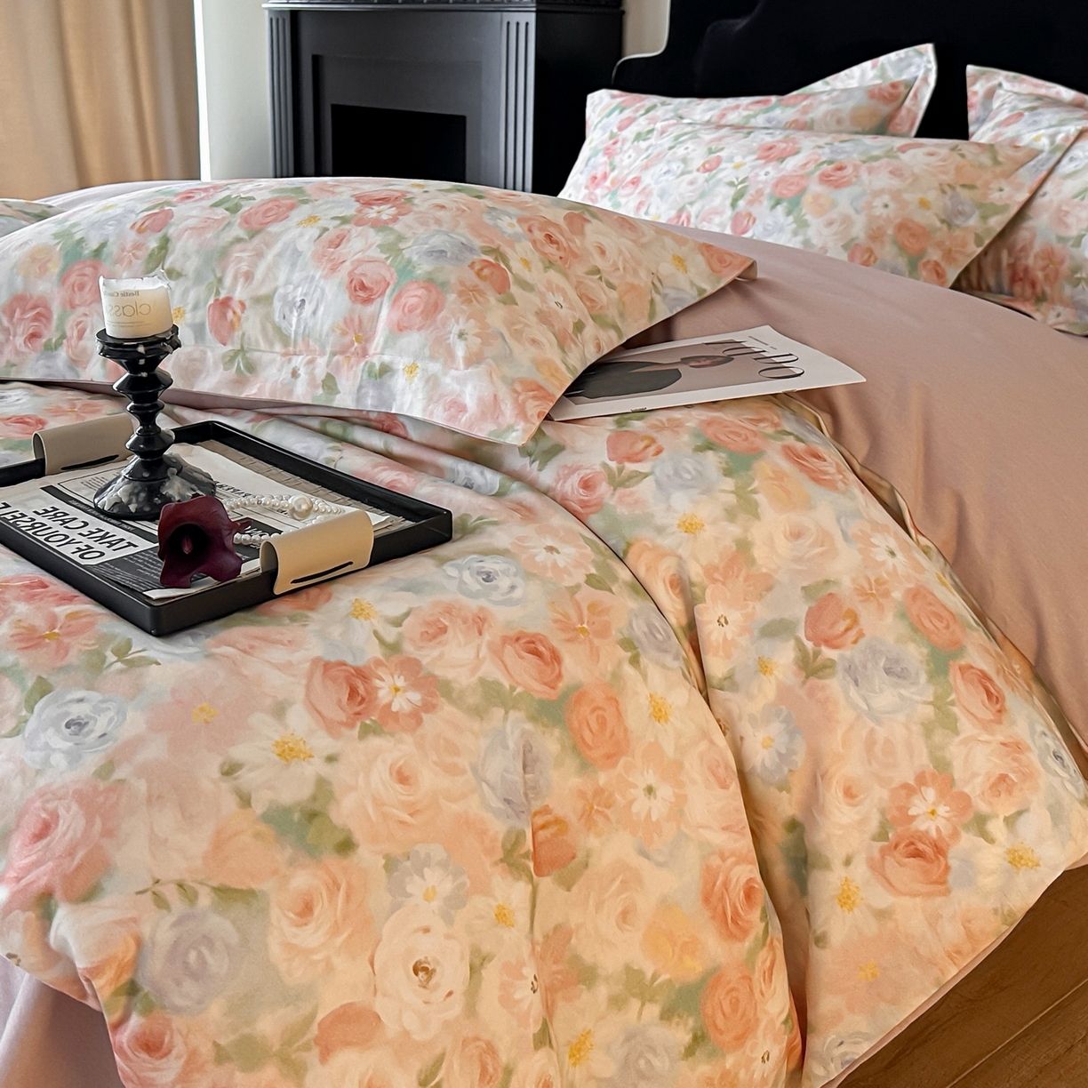 91家纺网 家纺一手货源 找家纺 羚羊语家纺 2025新款A类全棉生态磨毛100棉数码印花四件套活性磨毛轻奢美拉德系简约花卉床单床笠三件套 釉色染