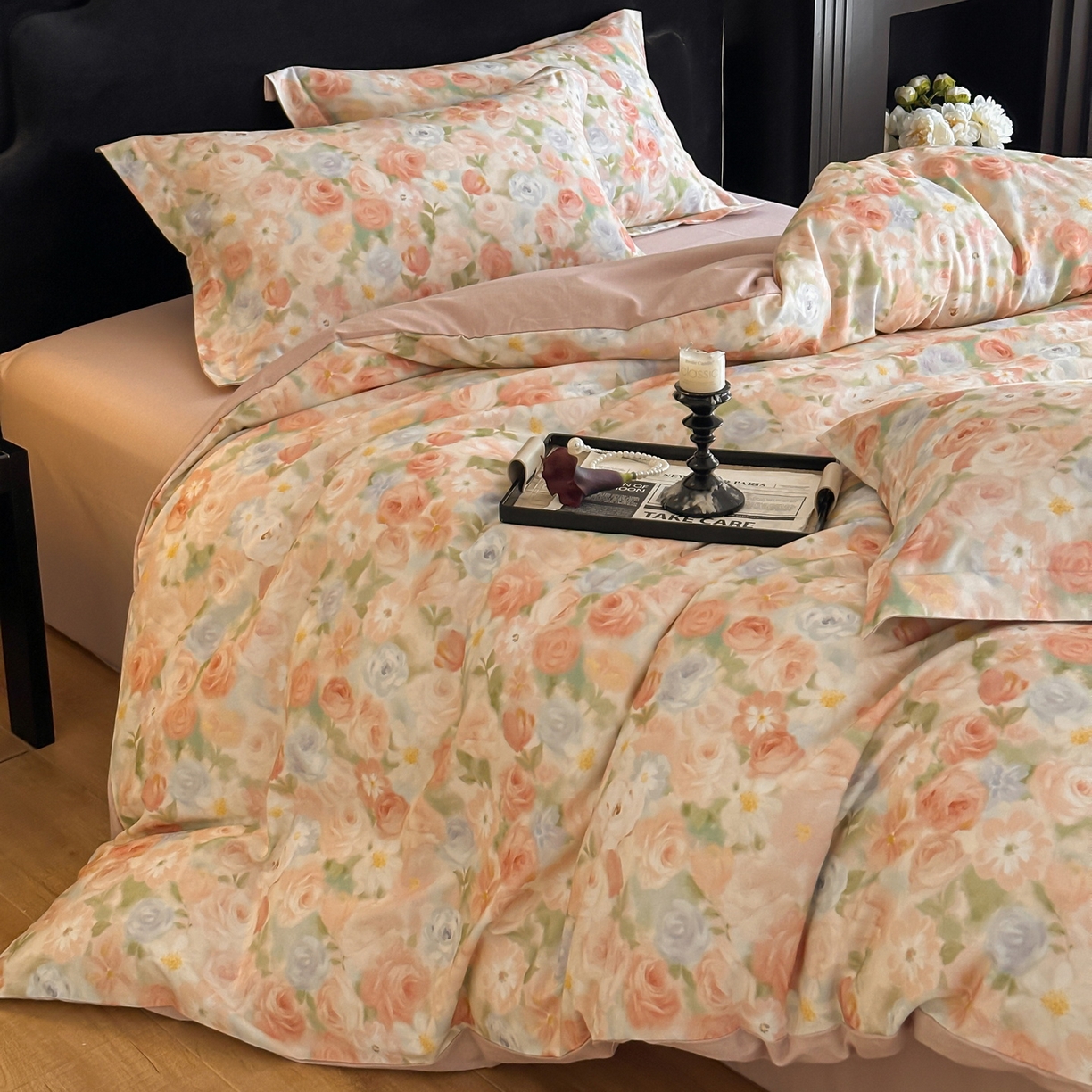 91家纺网 家纺一手货源 找家纺 羚羊语家纺 2025新款A类全棉生态磨毛100棉数码印花四件套活性磨毛轻奢美拉德系简约花卉床单床笠三件套 釉色染