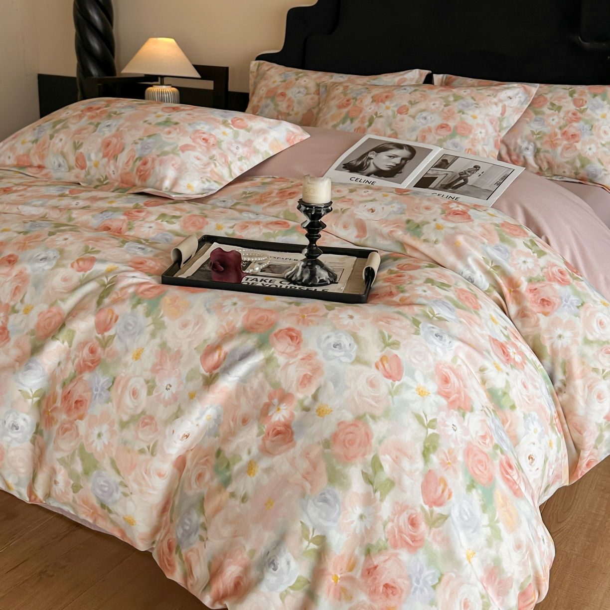 91家纺网 家纺一手货源 找家纺 羚羊语家纺 2025新款A类全棉生态磨毛100棉数码印花四件套活性磨毛轻奢美拉德系简约花卉床单床笠三件套 釉色染