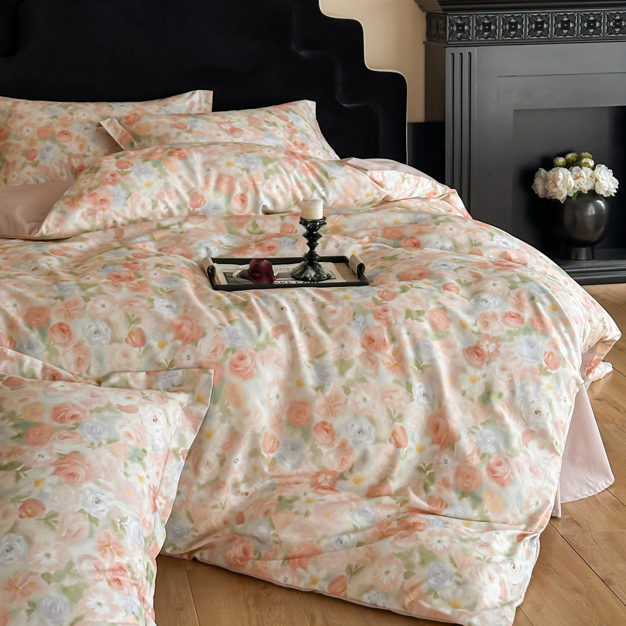 91家纺网 家纺一手货源 找家纺 羚羊语家纺 2025新款A类全棉生态磨毛100棉数码印花四件套活性磨毛轻奢美拉德系简约花卉床单床笠三件套 釉色染