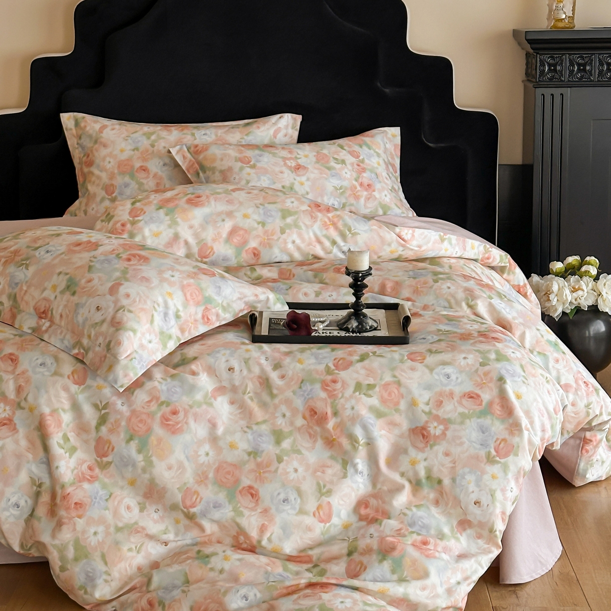 91家纺网 家纺一手货源 找家纺 羚羊语家纺 2025新款A类全棉生态磨毛100棉数码印花四件套活性磨毛轻奢美拉德系简约花卉床单床笠三件套 釉色染