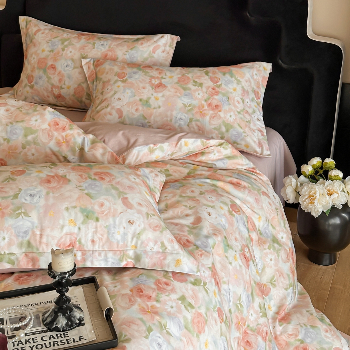 91家纺网 家纺一手货源 找家纺 羚羊语家纺 2025新款A类全棉生态磨毛100棉数码印花四件套活性磨毛轻奢美拉德系简约花卉床单床笠三件套 釉色染