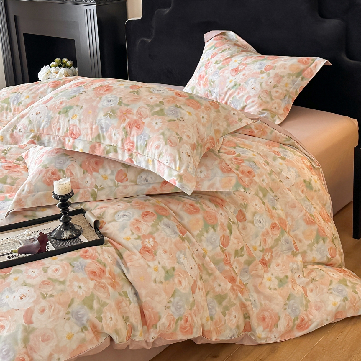 91家纺网 家纺一手货源 找家纺 羚羊语家纺 2025新款A类全棉生态磨毛100棉数码印花四件套活性磨毛轻奢美拉德系简约花卉床单床笠三件套 釉色染