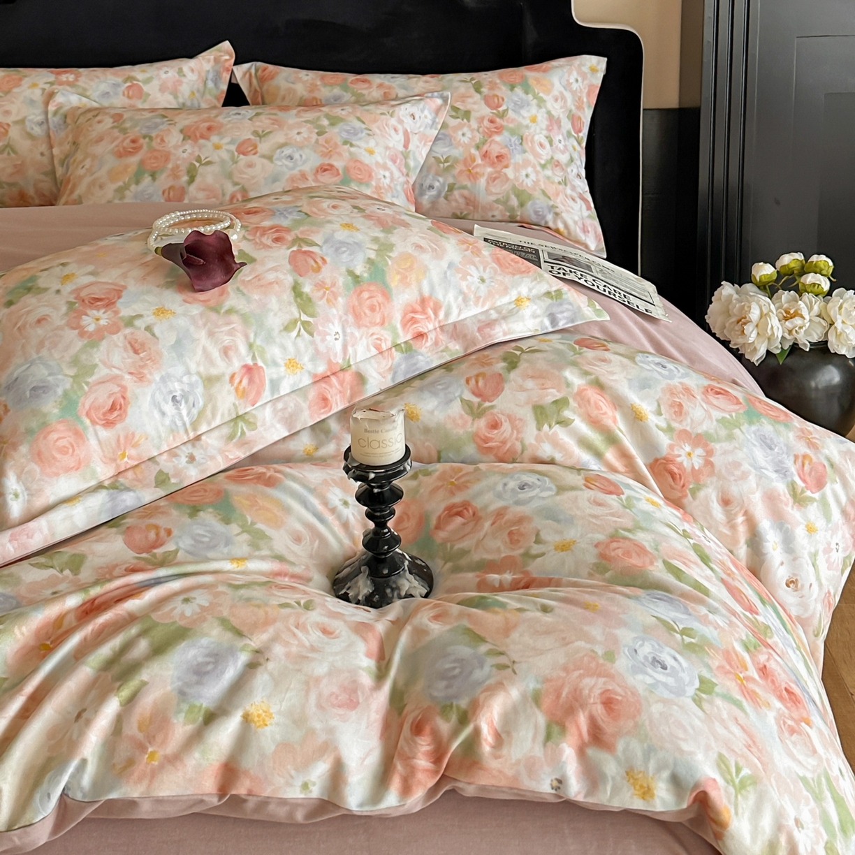 91家纺网 家纺一手货源 找家纺 羚羊语家纺 2025新款A类全棉生态磨毛100棉数码印花四件套活性磨毛轻奢美拉德系简约花卉床单床笠三件套 釉色染