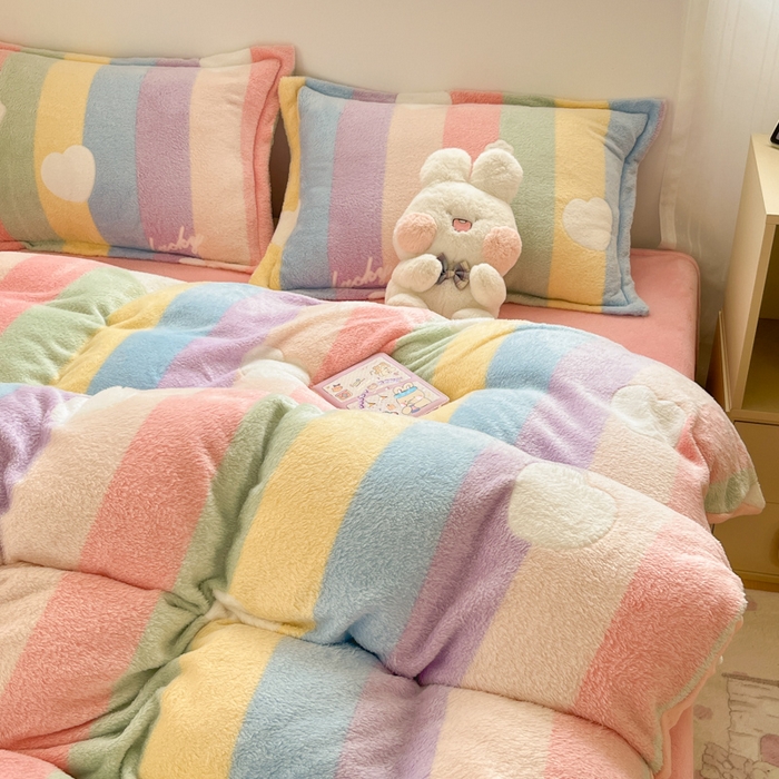 91家纺网 家纺一手货源 找家纺 川悦生活 2025新款立体雪花绒印花大床四件套系列一场景一 彩虹爱心粉