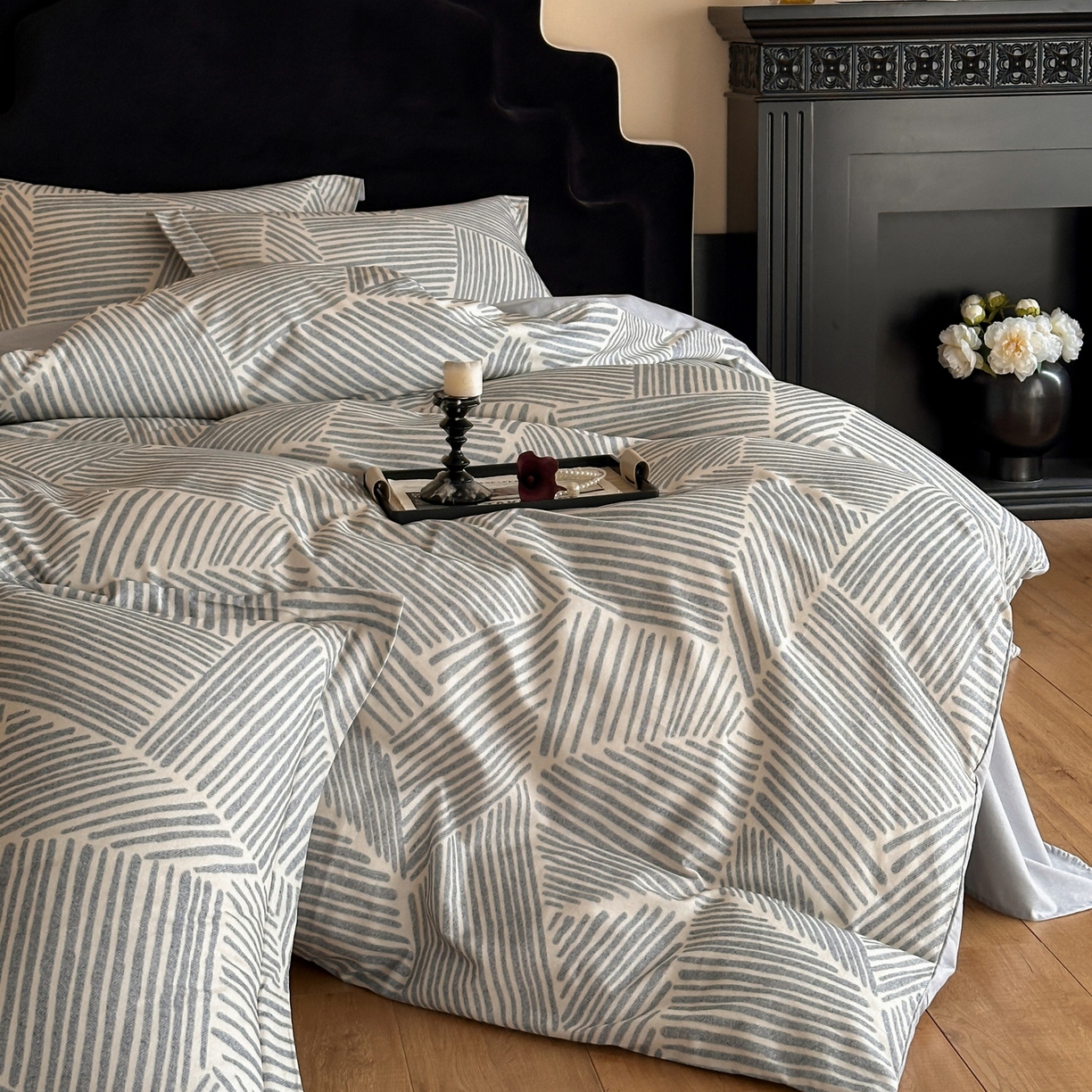 91家纺网 家纺一手货源 找家纺 羚羊语家纺 2025新款A类全棉生态磨毛100棉数码印花四件套活性磨毛轻奢美拉德系简约花卉床单床笠三件套 印象派