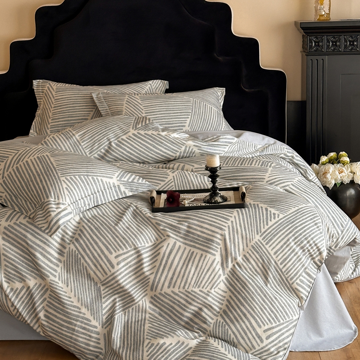 91家纺网 家纺一手货源 找家纺 羚羊语家纺 2025新款A类全棉生态磨毛100棉数码印花四件套活性磨毛轻奢美拉德系简约花卉床单床笠三件套 印象派