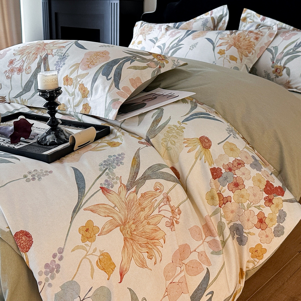 91家纺网 家纺一手货源 找家纺 羚羊语家纺 2025新款A类全棉生态磨毛100棉数码印花四件套活性磨毛轻奢美拉德系简约花卉床单床笠三件套 风语喃