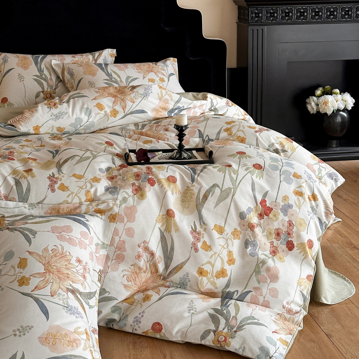 91家纺网 家纺一手货源 找家纺 羚羊语家纺 2025新款A类全棉生态磨毛100棉数码印花四件套活性磨毛轻奢美拉德系简约花卉床单床笠三件套 风语喃