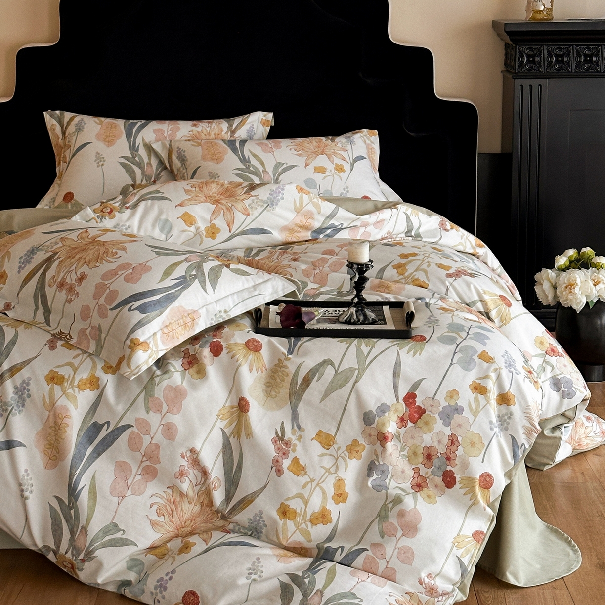 91家纺网 家纺一手货源 找家纺 羚羊语家纺 2025新款A类全棉生态磨毛100棉数码印花四件套活性磨毛轻奢美拉德系简约花卉床单床笠三件套 风语喃