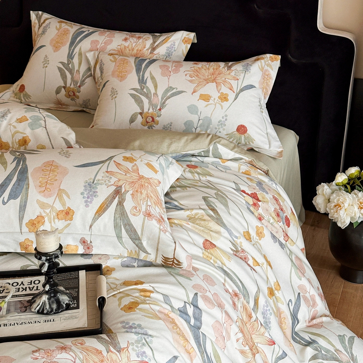 91家纺网 家纺一手货源 找家纺 羚羊语家纺 2025新款A类全棉生态磨毛100棉数码印花四件套活性磨毛轻奢美拉德系简约花卉床单床笠三件套 风语喃