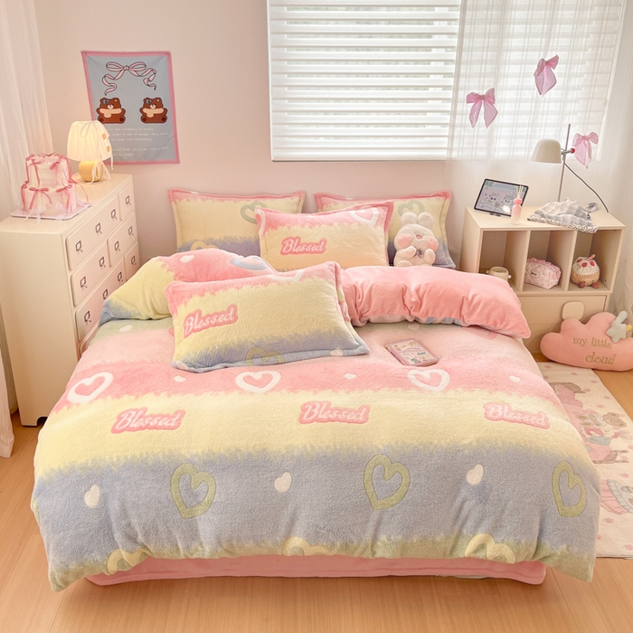 川悦生活 2025新款立体雪花绒印花大床四件套系列一场景一 彩虹爱语粉