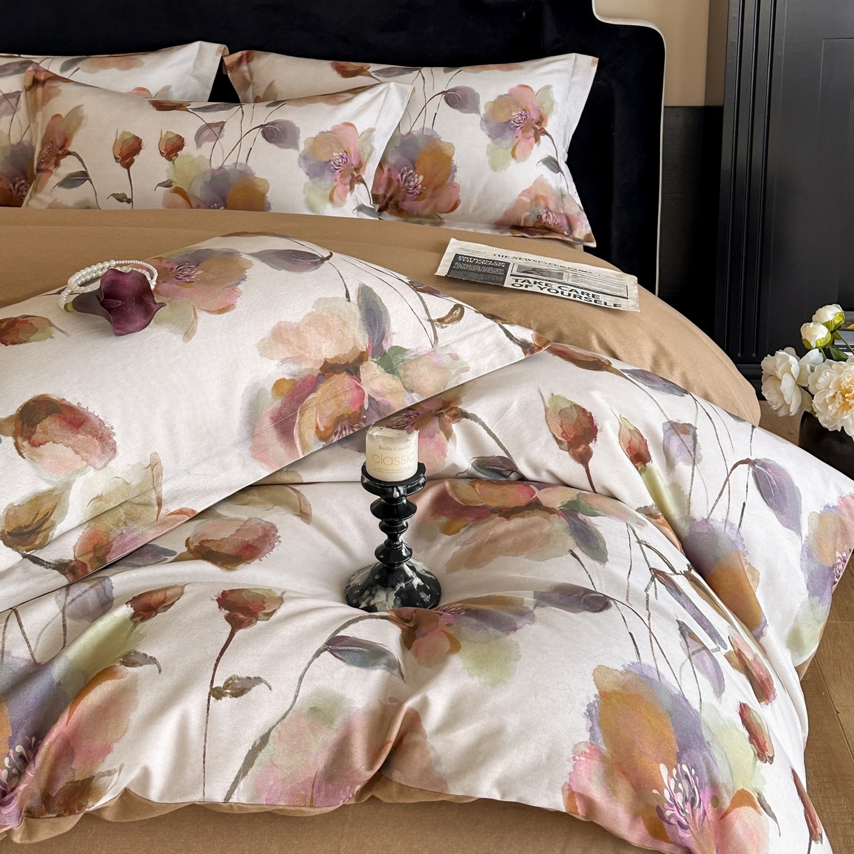 91家纺网 家纺一手货源 找家纺 羚羊语家纺 2025新款A类全棉生态磨毛100棉数码印花四件套活性磨毛轻奢美拉德系简约花卉床单床笠三件套 浮光跃