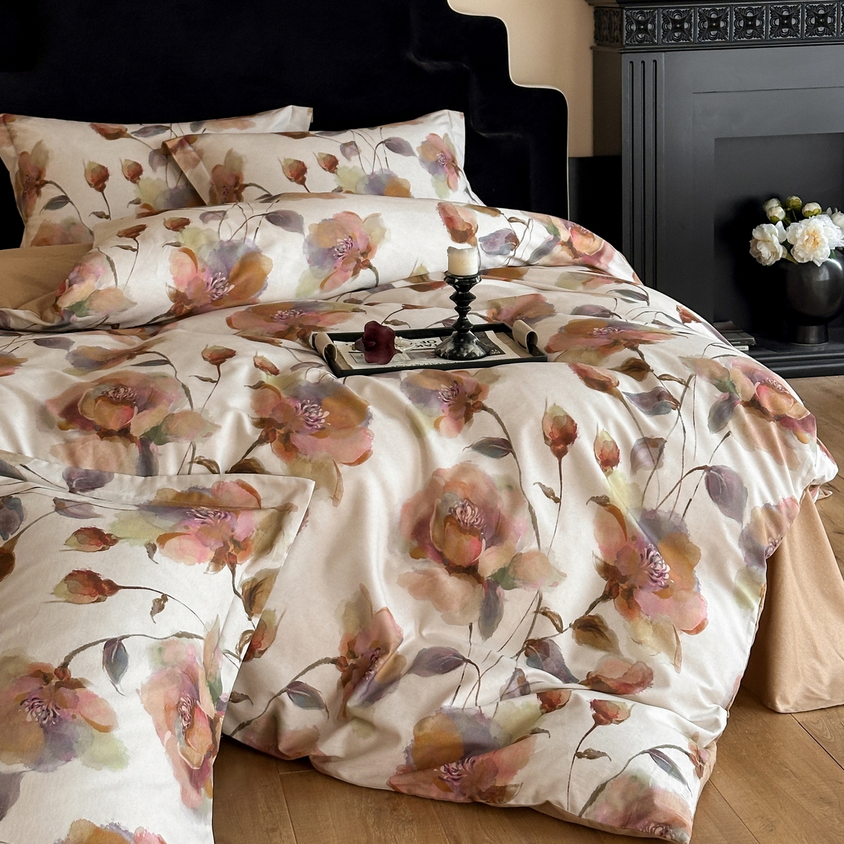 91家纺网 家纺一手货源 找家纺 羚羊语家纺 2025新款A类全棉生态磨毛100棉数码印花四件套活性磨毛轻奢美拉德系简约花卉床单床笠三件套 浮光跃