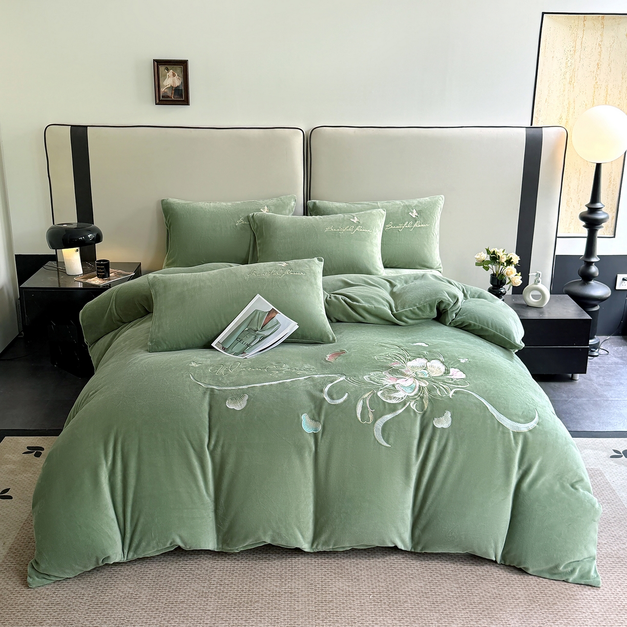 91家纺网 家纺一手货源 找家纺 莱凯家纺 2025新款牛奶绒刺绣四件套 花间醉（绿）