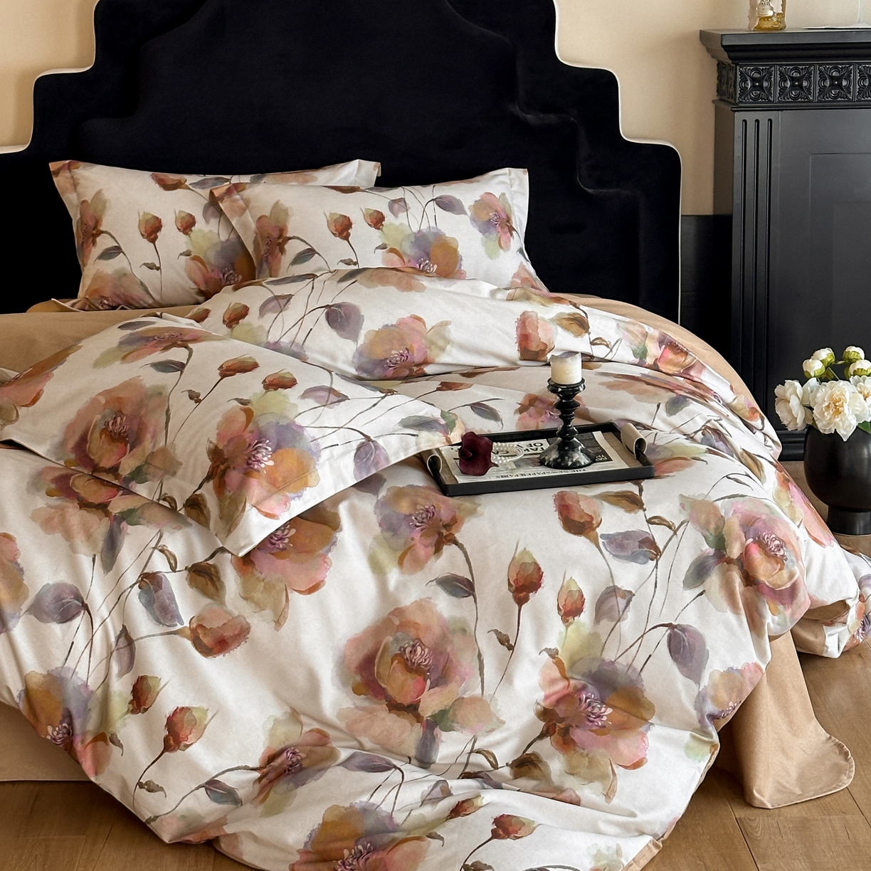 91家纺网 家纺一手货源 找家纺 羚羊语家纺 2025新款A类全棉生态磨毛100棉数码印花四件套活性磨毛轻奢美拉德系简约花卉床单床笠三件套 浮光跃