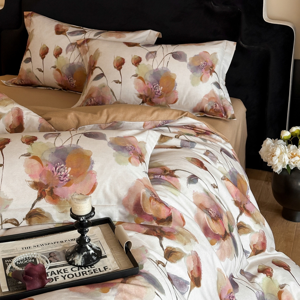 91家纺网 家纺一手货源 找家纺 羚羊语家纺 2025新款A类全棉生态磨毛100棉数码印花四件套活性磨毛轻奢美拉德系简约花卉床单床笠三件套 浮光跃