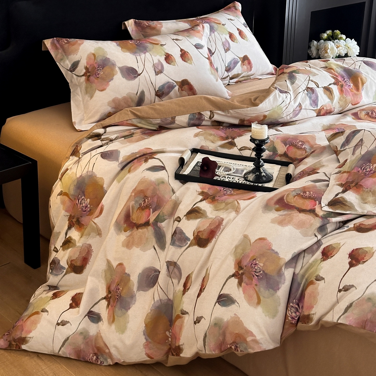 91家纺网 家纺一手货源 找家纺 羚羊语家纺 2025新款A类全棉生态磨毛100棉数码印花四件套活性磨毛轻奢美拉德系简约花卉床单床笠三件套 浮光跃