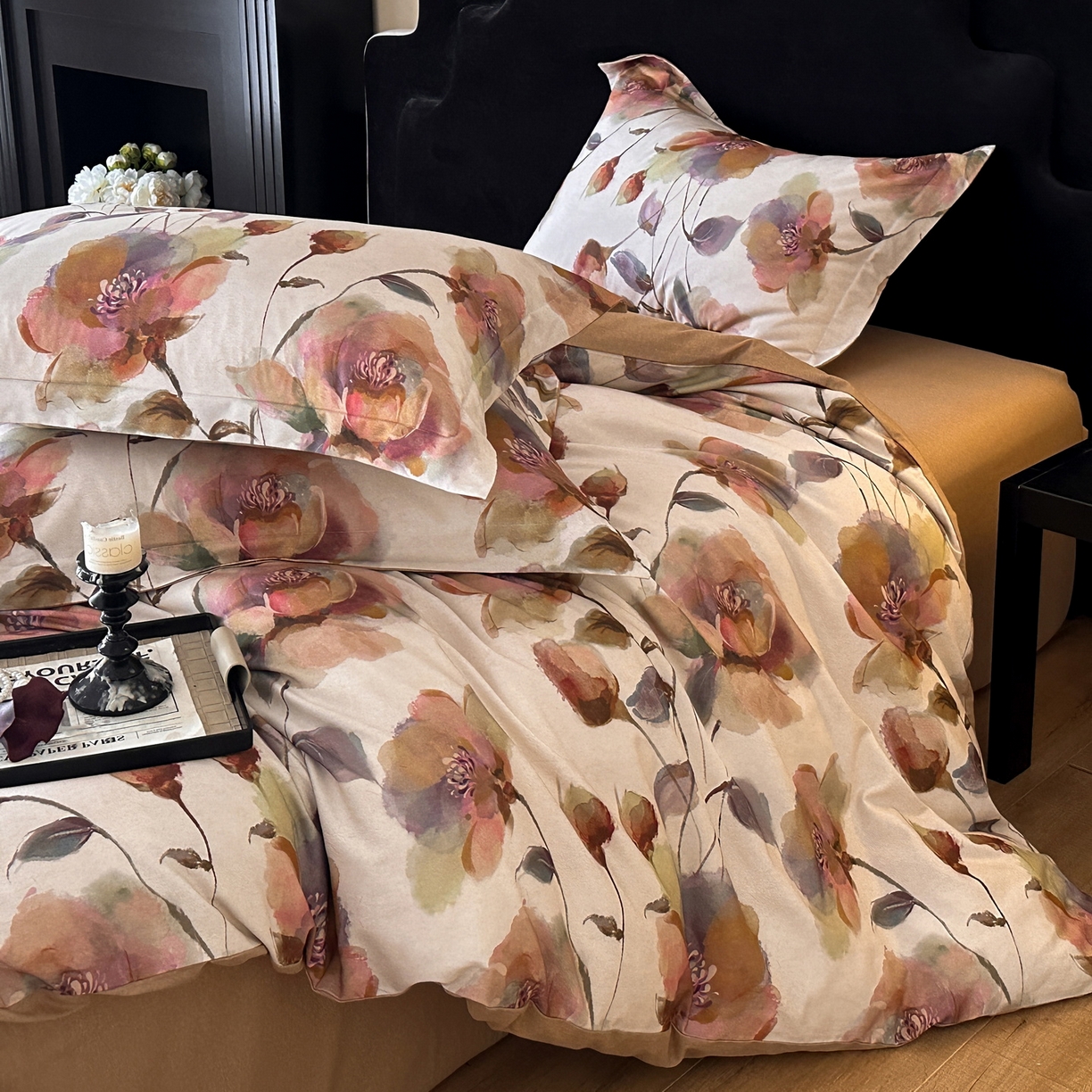 91家纺网 家纺一手货源 找家纺 羚羊语家纺 2025新款A类全棉生态磨毛100棉数码印花四件套活性磨毛轻奢美拉德系简约花卉床单床笠三件套 浮光跃