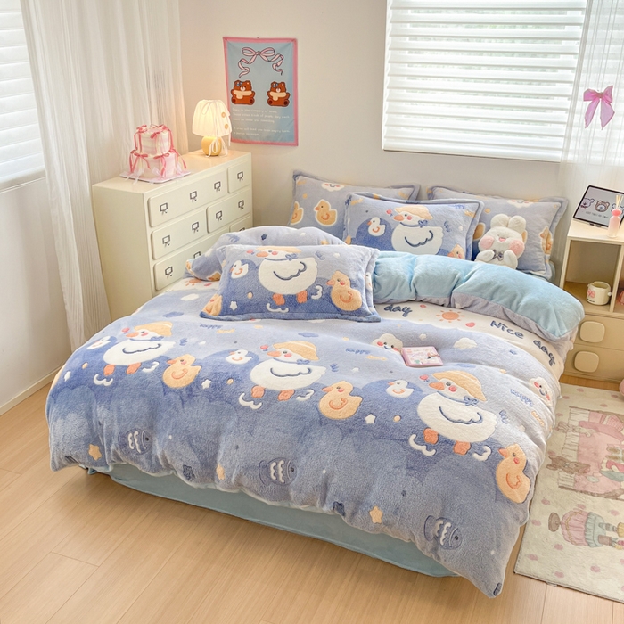 91家纺网 家纺一手货源 找家纺 川悦生活 2025新款立体雪花绒印花大床四件套系列一场景一 哒哒鸭丫