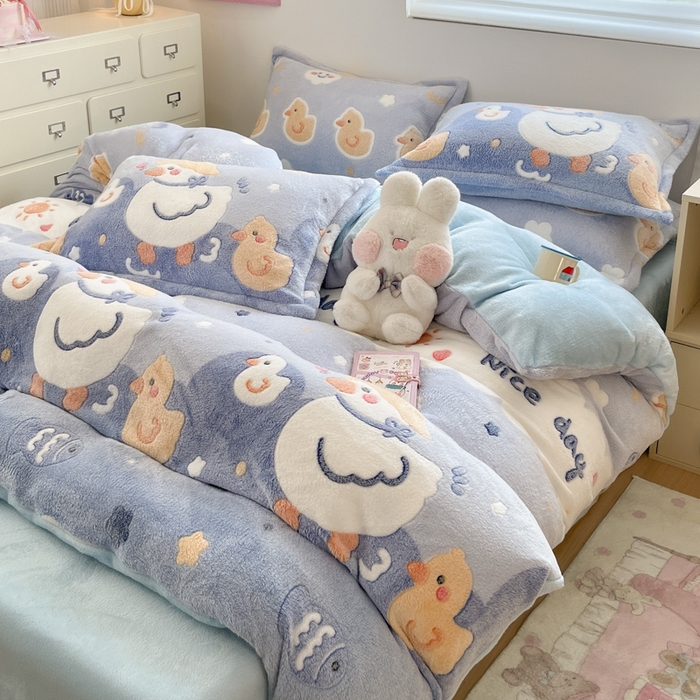 91家纺网 家纺一手货源 找家纺 川悦生活 2025新款立体雪花绒印花大床四件套系列一场景一 哒哒鸭丫