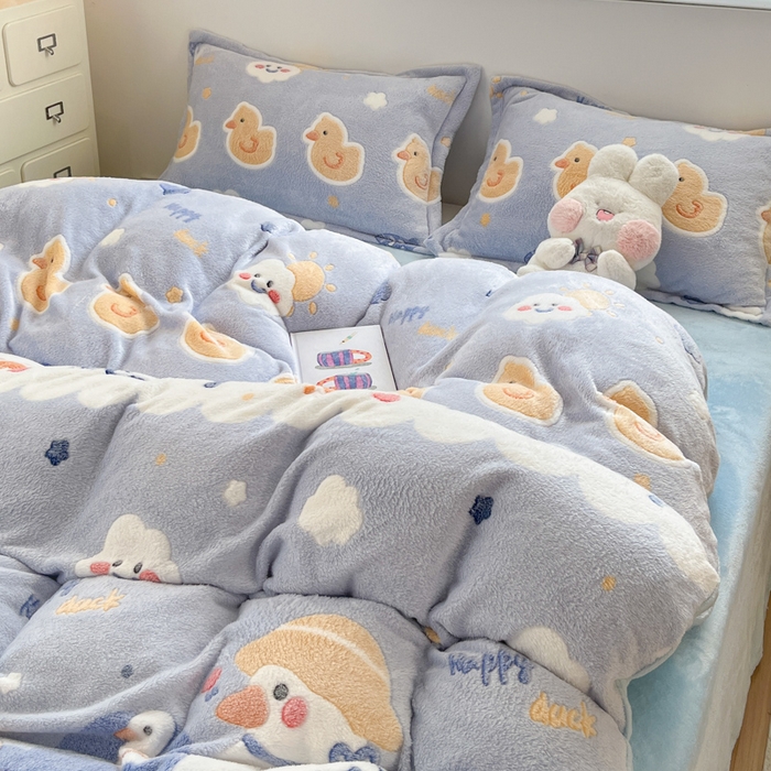 91家纺网 家纺一手货源 找家纺 川悦生活 2025新款立体雪花绒印花大床四件套系列一场景一 哒哒鸭丫