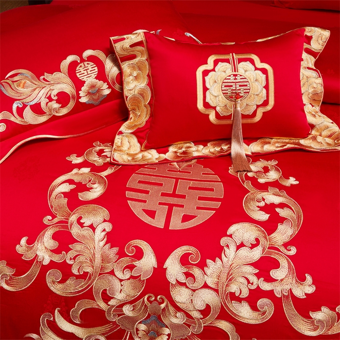 91家纺网 家纺一手货源 找家纺 宏羽纺家纺 2025新款高支高密全棉提花新中式婚庆多件套 高支高密爱的韶华-金