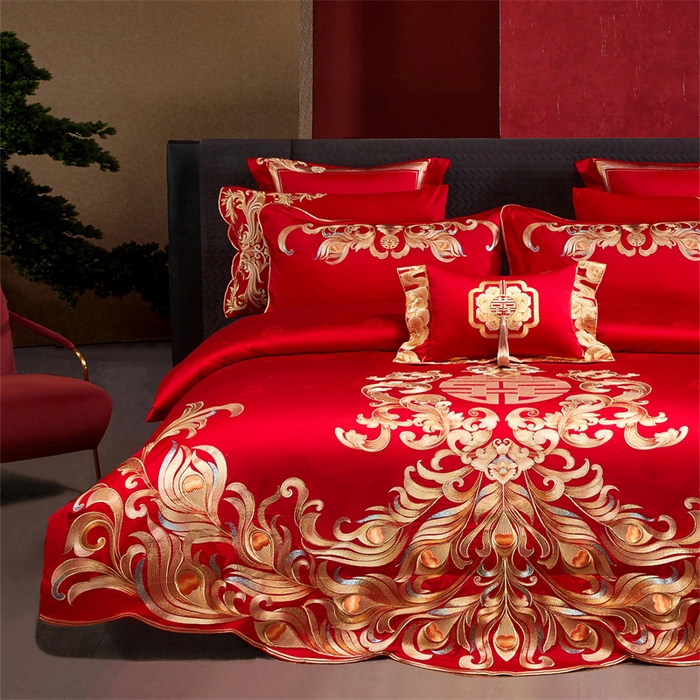 91家纺网 家纺一手货源 找家纺 宏羽纺家纺 2025新款高支高密全棉提花新中式婚庆多件套 高支高密爱的韶华-金