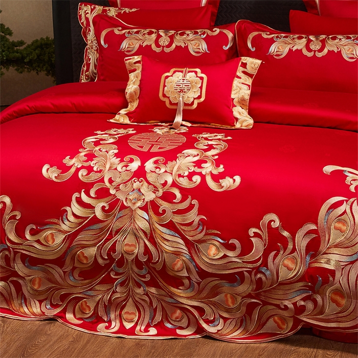 91家纺网 家纺一手货源 找家纺 宏羽纺家纺 2025新款高支高密全棉提花新中式婚庆多件套 高支高密爱的韶华-金