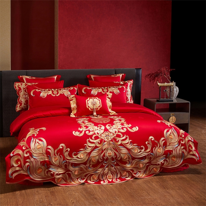 91家纺网 家纺一手货源 找家纺 宏羽纺家纺 2025新款高支高密全棉提花新中式婚庆多件套 高支高密爱的韶华-金