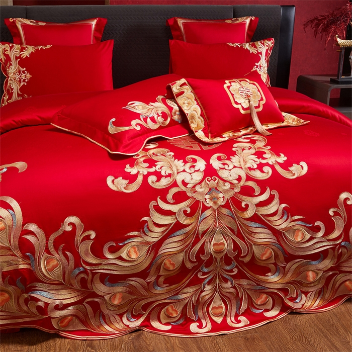 91家纺网 家纺一手货源 找家纺 宏羽纺家纺 2025新款高支高密全棉提花新中式婚庆多件套 高支高密爱的韶华-金