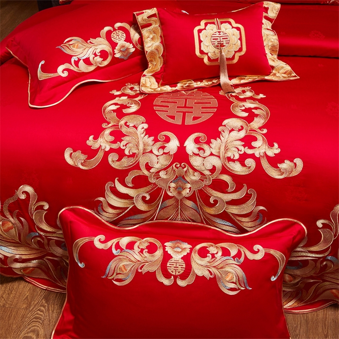 91家纺网 家纺一手货源 找家纺 宏羽纺家纺 2025新款高支高密全棉提花新中式婚庆多件套 高支高密爱的韶华-金