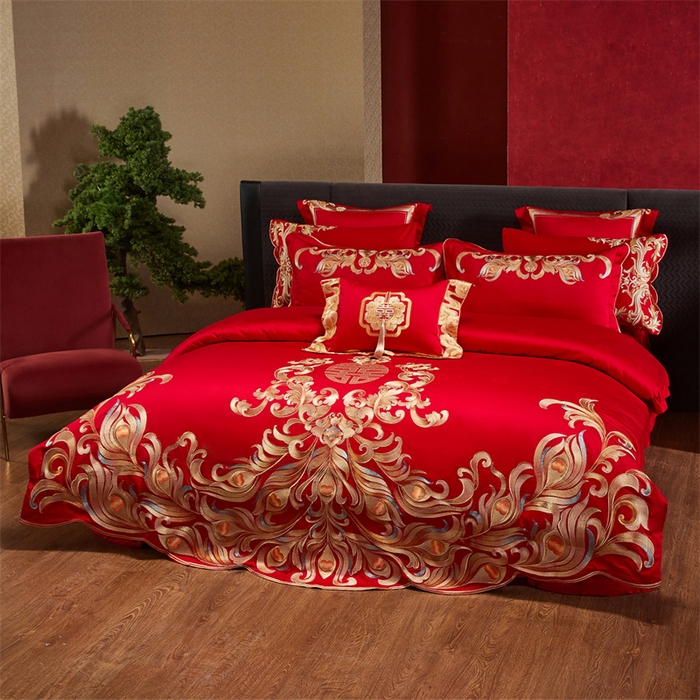 91家纺网 家纺一手货源 找家纺 宏羽纺家纺 2025新款高支高密全棉提花新中式婚庆多件套 高支高密爱的韶华-金