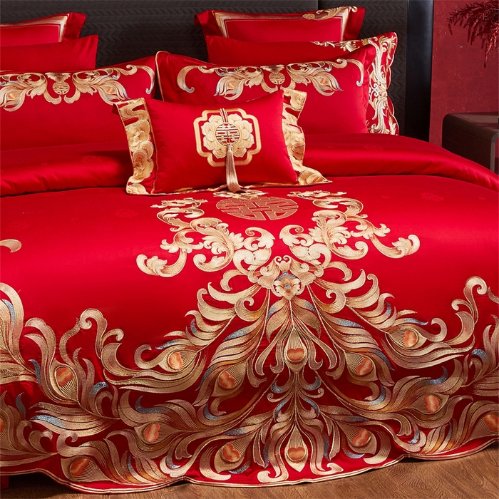 91家纺网 家纺一手货源 找家纺 宏羽纺家纺 2025新款高支高密全棉提花新中式婚庆多件套 高支高密爱的韶华-金