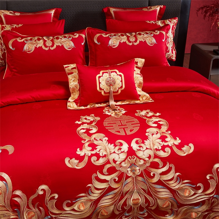 91家纺网 家纺一手货源 找家纺 宏羽纺家纺 2025新款高支高密全棉提花新中式婚庆多件套 高支高密爱的韶华-金