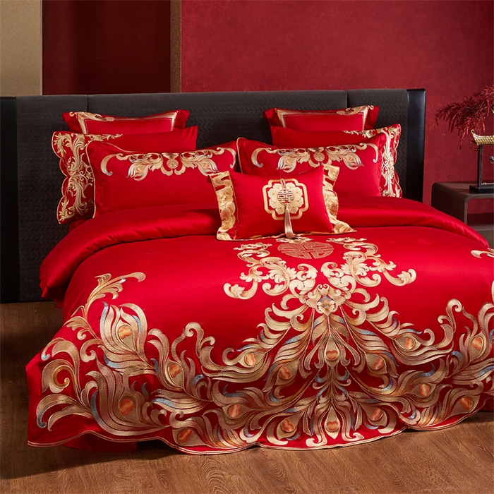 91家纺网 家纺一手货源 找家纺 宏羽纺家纺 2025新款高支高密全棉提花新中式婚庆多件套 高支高密爱的韶华-金