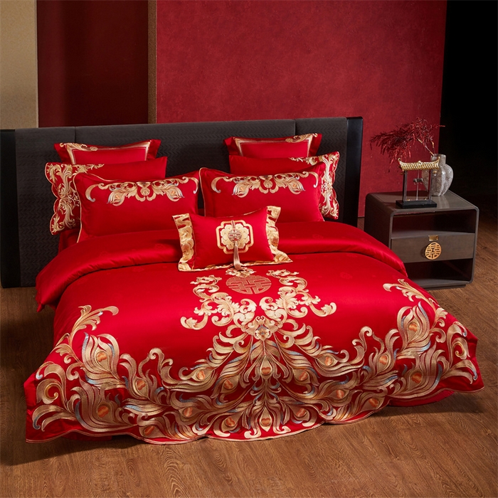 91家纺网 家纺一手货源 找家纺 宏羽纺家纺 2025新款高支高密全棉提花新中式婚庆多件套 高支高密爱的韶华-金