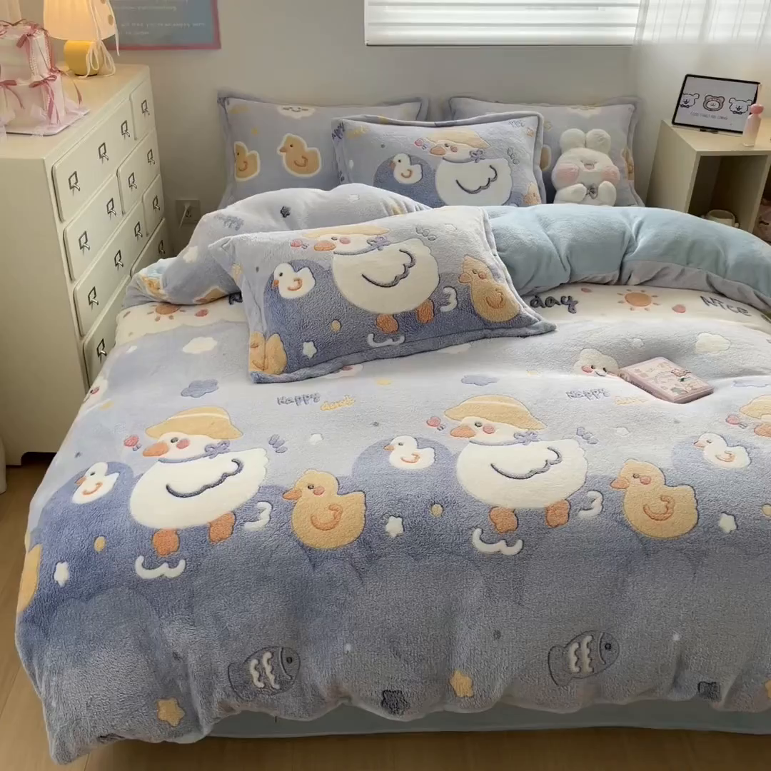 91家纺网 家纺一手货源 找家纺 川悦生活 2025新款立体雪花绒印花大床四件套系列一场景一 哒哒鸭丫