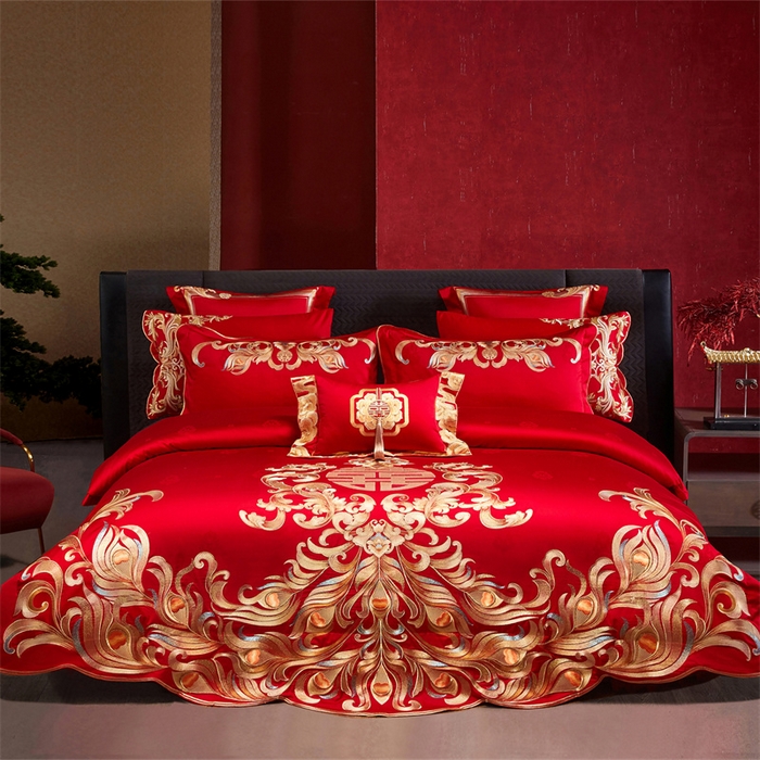 宏羽纺家纺 2025新款高支高密全棉提花新中式婚庆多件套 高支高密爱的韶华-金