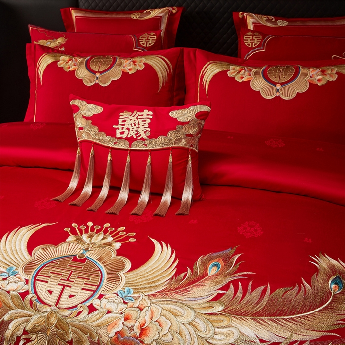 91家纺网 家纺一手货源 找家纺 宏羽纺家纺 2025新款高支高密全棉提花新中式婚庆多件套 高支高密富贵望族