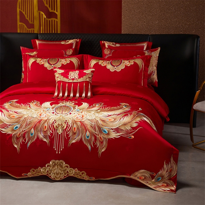 91家纺网 家纺一手货源 找家纺 宏羽纺家纺 2025新款高支高密全棉提花新中式婚庆多件套 高支高密富贵望族