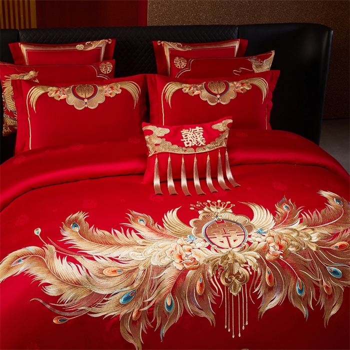 91家纺网 家纺一手货源 找家纺 宏羽纺家纺 2025新款高支高密全棉提花新中式婚庆多件套 高支高密富贵望族