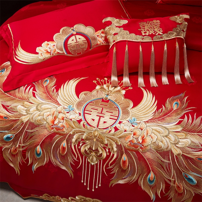 91家纺网 家纺一手货源 找家纺 宏羽纺家纺 2025新款高支高密全棉提花新中式婚庆多件套 高支高密富贵望族