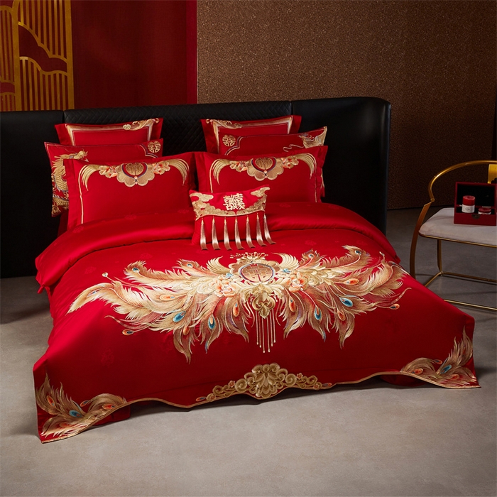 91家纺网 家纺一手货源 找家纺 宏羽纺家纺 2025新款高支高密全棉提花新中式婚庆多件套 高支高密富贵望族