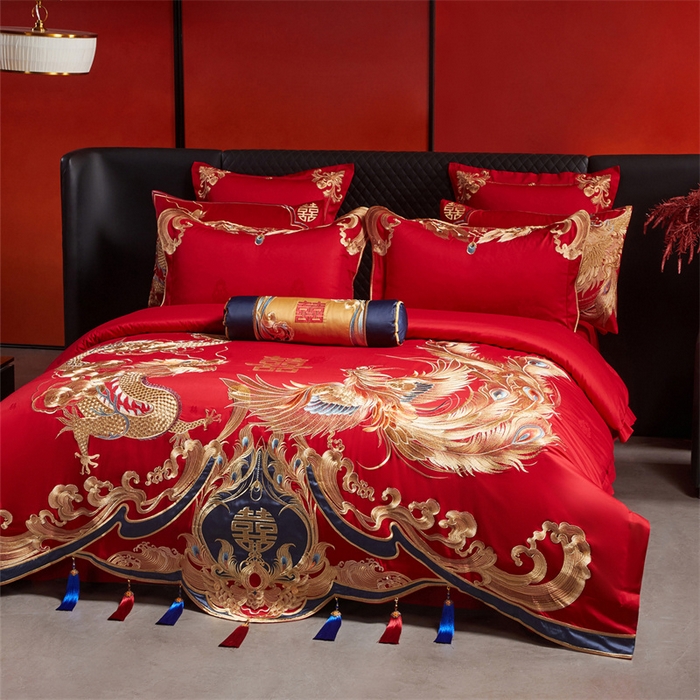 91家纺网 家纺一手货源 找家纺 宏羽纺家纺 2025新款高支高密全棉提花新中式婚庆多件套 高支高密江山龙凤