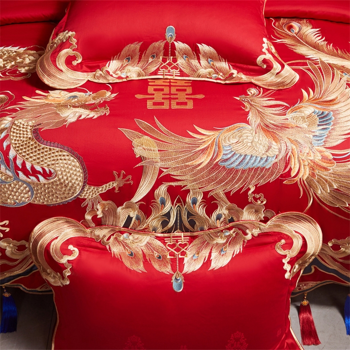 91家纺网 家纺一手货源 找家纺 宏羽纺家纺 2025新款高支高密全棉提花新中式婚庆多件套 高支高密江山龙凤