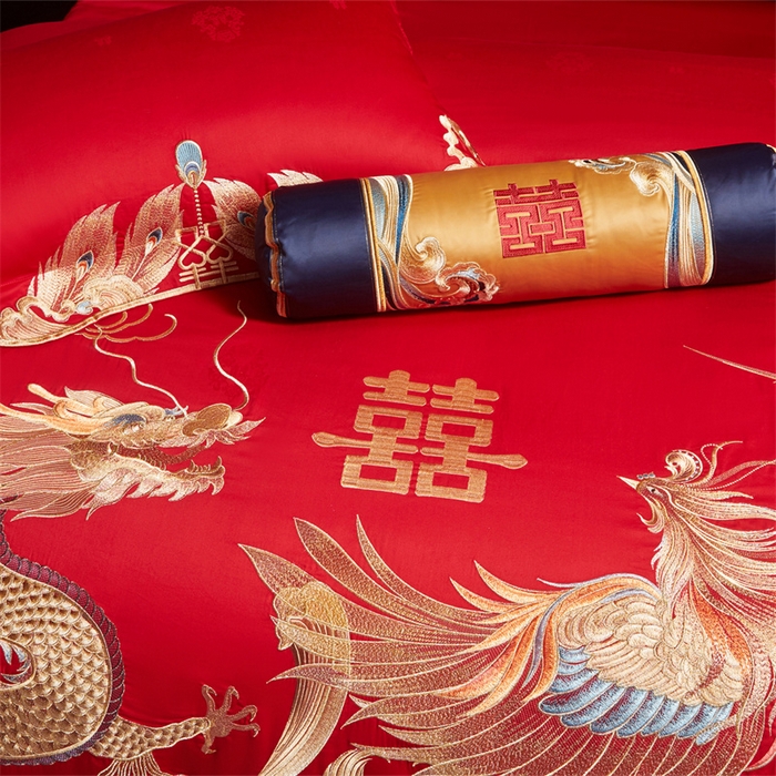 91家纺网 家纺一手货源 找家纺 宏羽纺家纺 2025新款高支高密全棉提花新中式婚庆多件套 高支高密江山龙凤