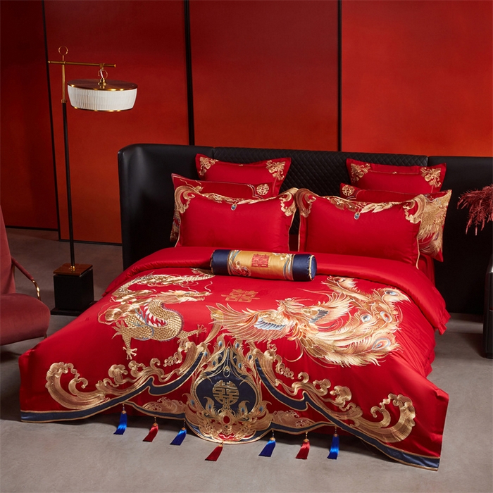 91家纺网 家纺一手货源 找家纺 宏羽纺家纺 2025新款高支高密全棉提花新中式婚庆多件套 高支高密江山龙凤