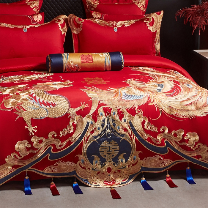 91家纺网 家纺一手货源 找家纺 宏羽纺家纺 2025新款高支高密全棉提花新中式婚庆多件套 高支高密江山龙凤